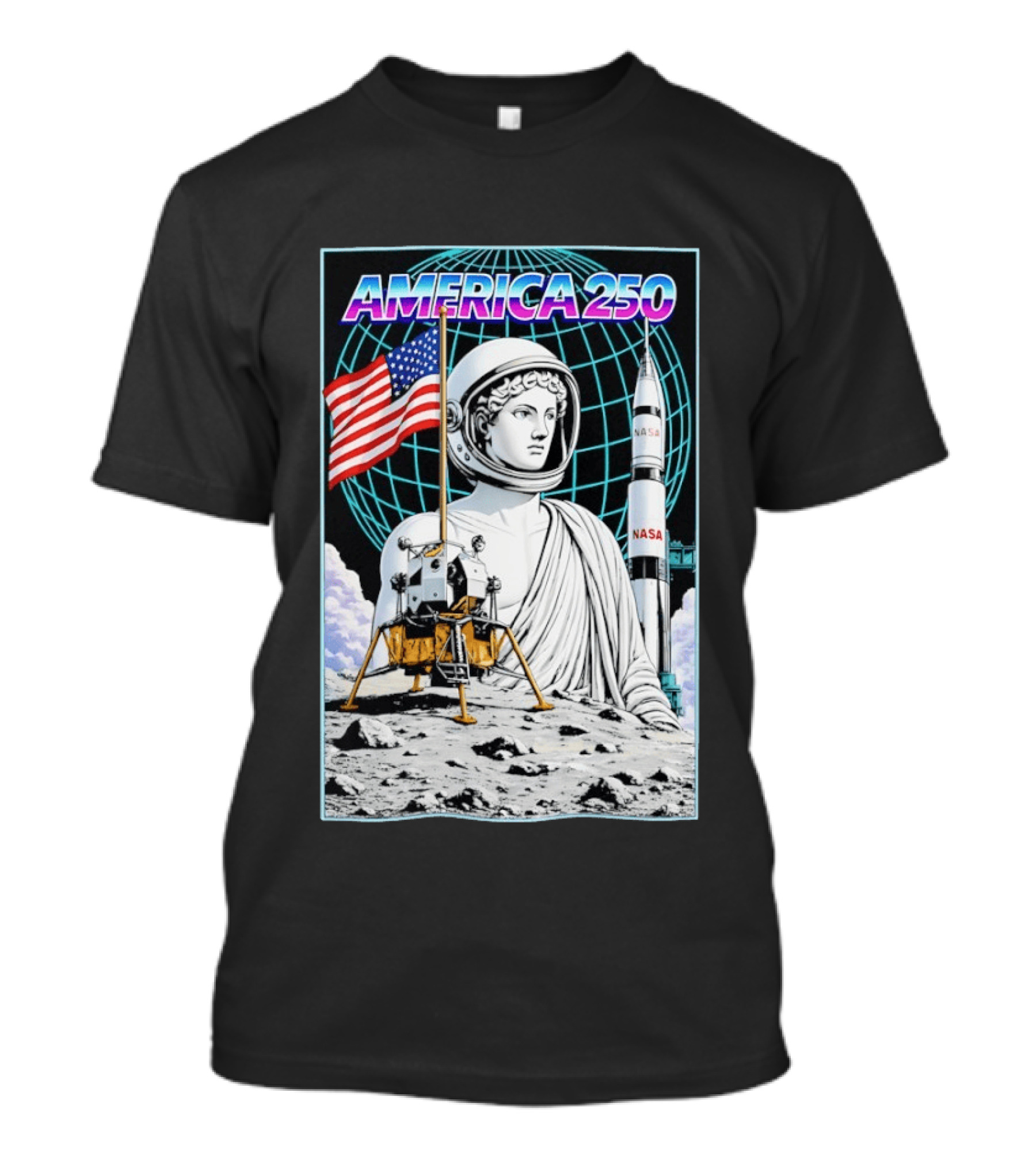 America 250 Apollo Space Rocket NASA Flag Astronaut Statue Moon T-Shirt