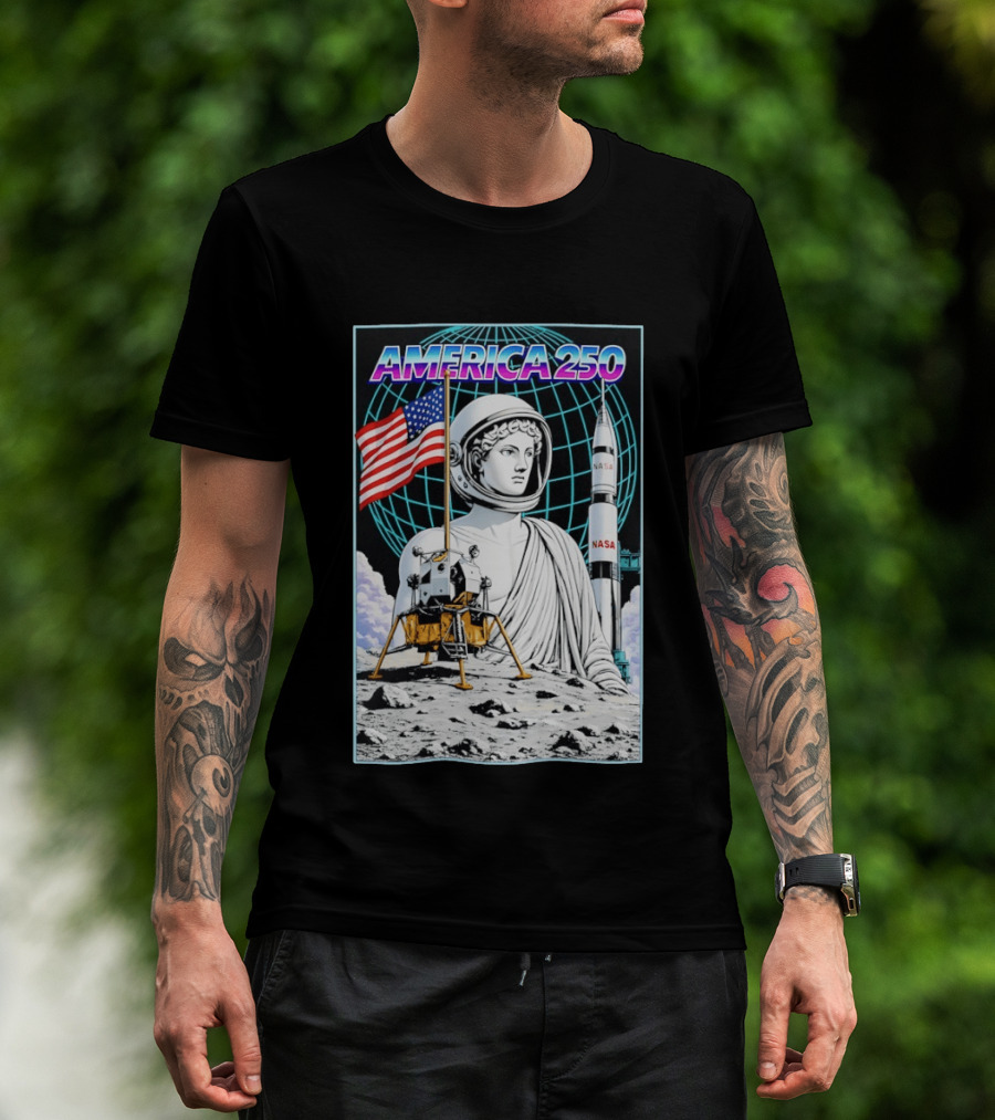 America 250 Apollo Space Rocket NASA Flag Astronaut Statue Moon T-Shirt