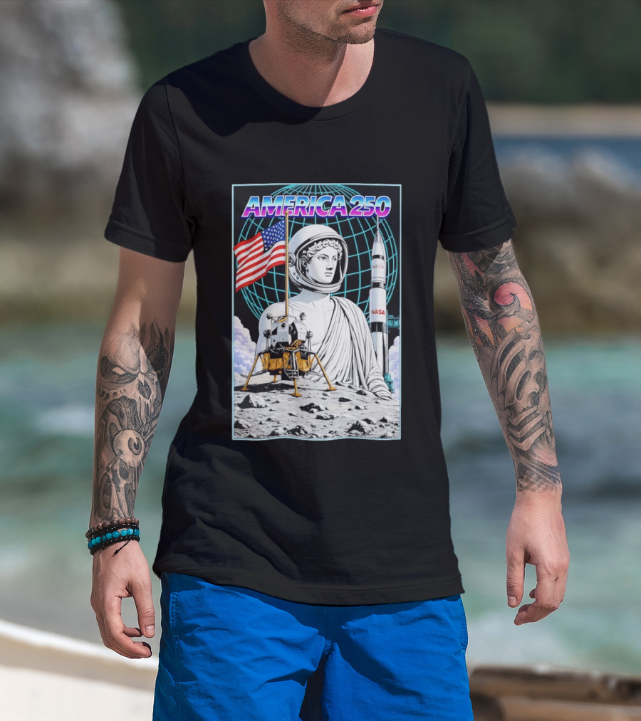 America 250 Apollo Space Rocket NASA Flag Astronaut Statue Moon T-Shirt