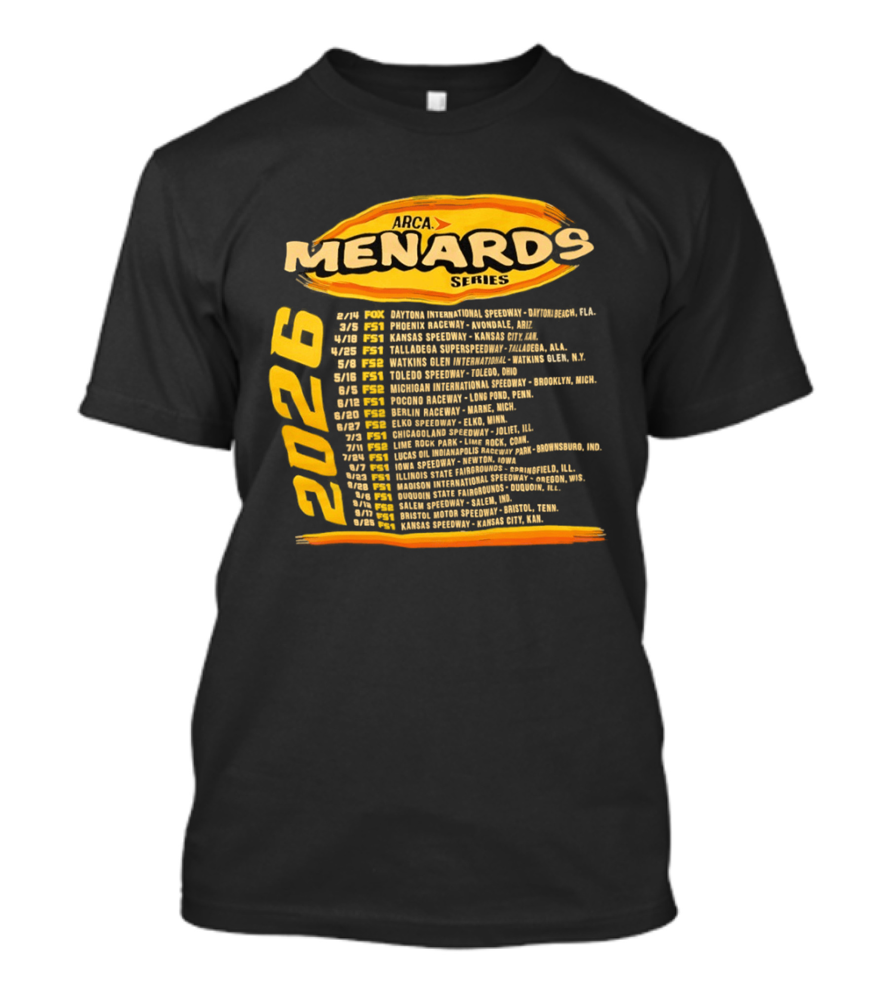 ARCA Menards Series 2026 Racing Schedule Calendar Featuring Key Race Dates And Locations T-Shirt