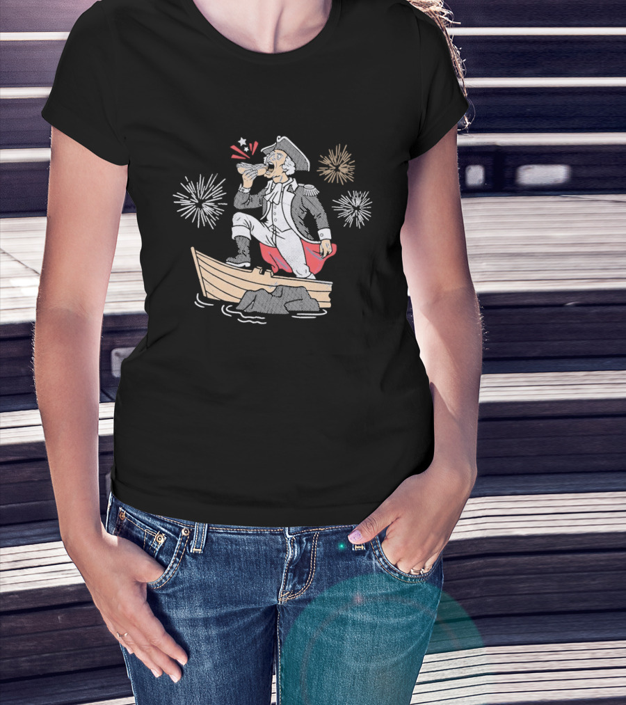 George Washington On Boat Eating Hot Dog With Fireworks Display T-Shirt