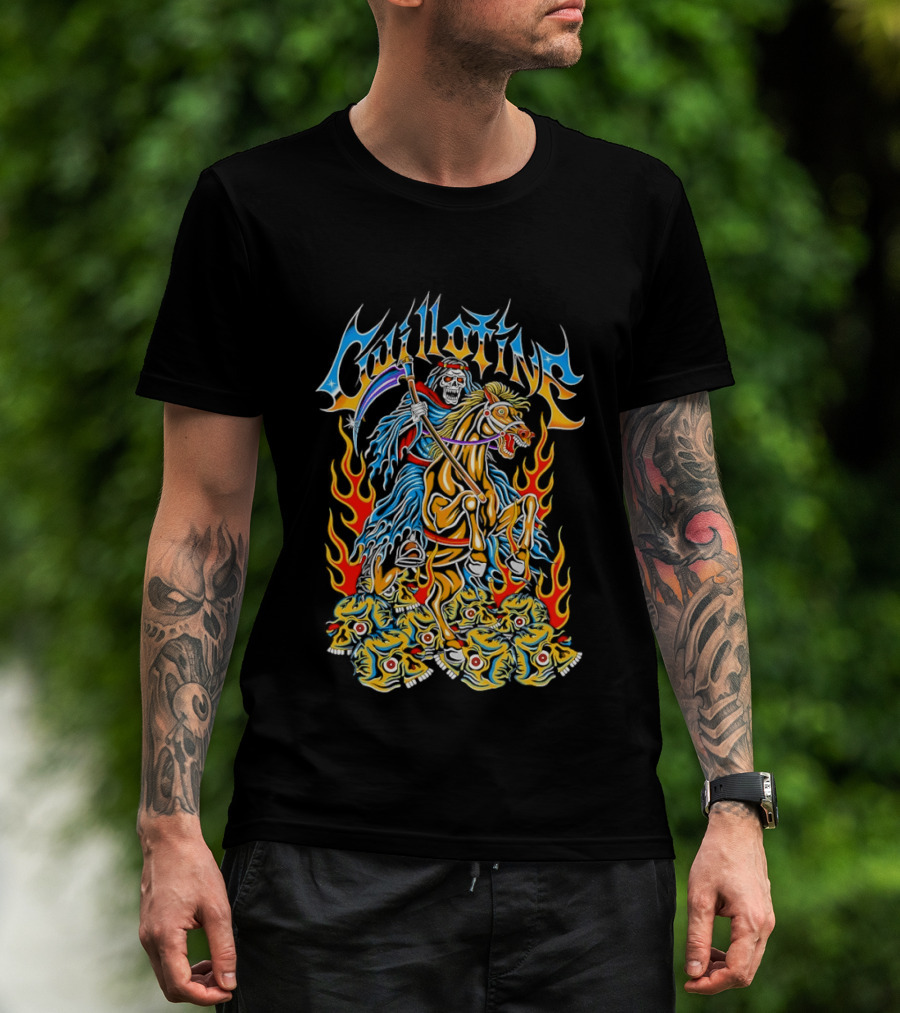 Guillotine Grim Reaper Riding Fiery Horse With Skull And Flames Heavy Metal Concert T-Shirt