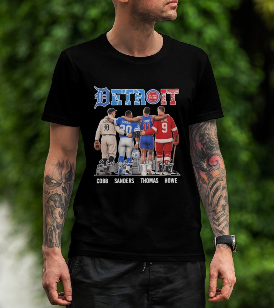 Detroit Icons Ty Cobb Barry Sanders Isiah Thomas Gordie Howe Signatures Skyline T-Shirt