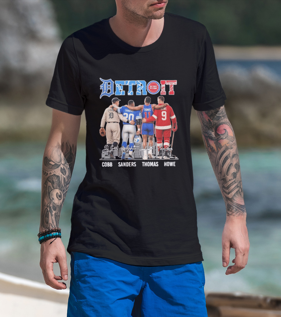 Detroit Icons Ty Cobb Barry Sanders Isiah Thomas Gordie Howe Signatures Skyline T-Shirt