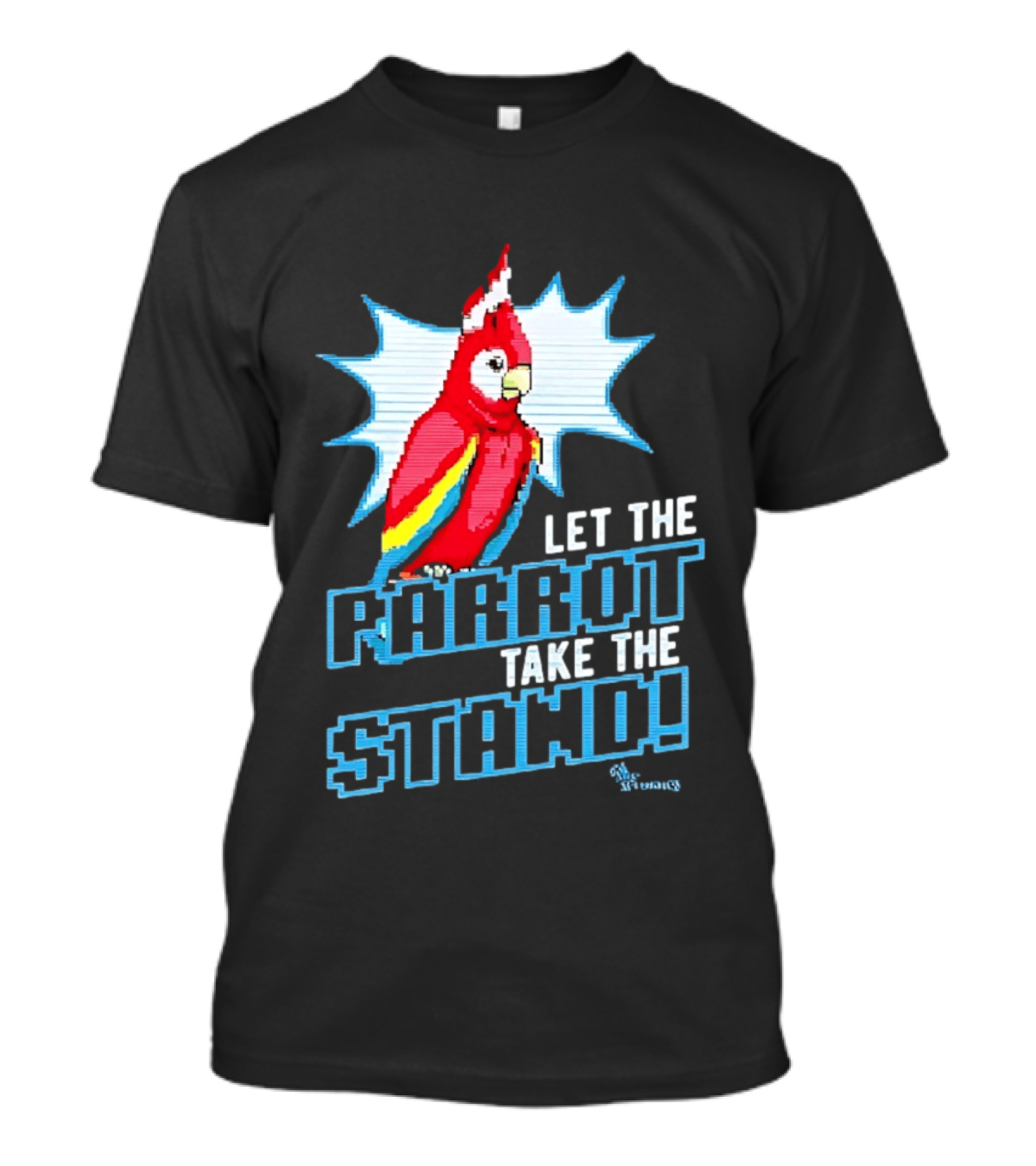 Let The Parrot Take The Stand Vibrant Red Bird With Santa Hat And Blue Starburst T-Shirt