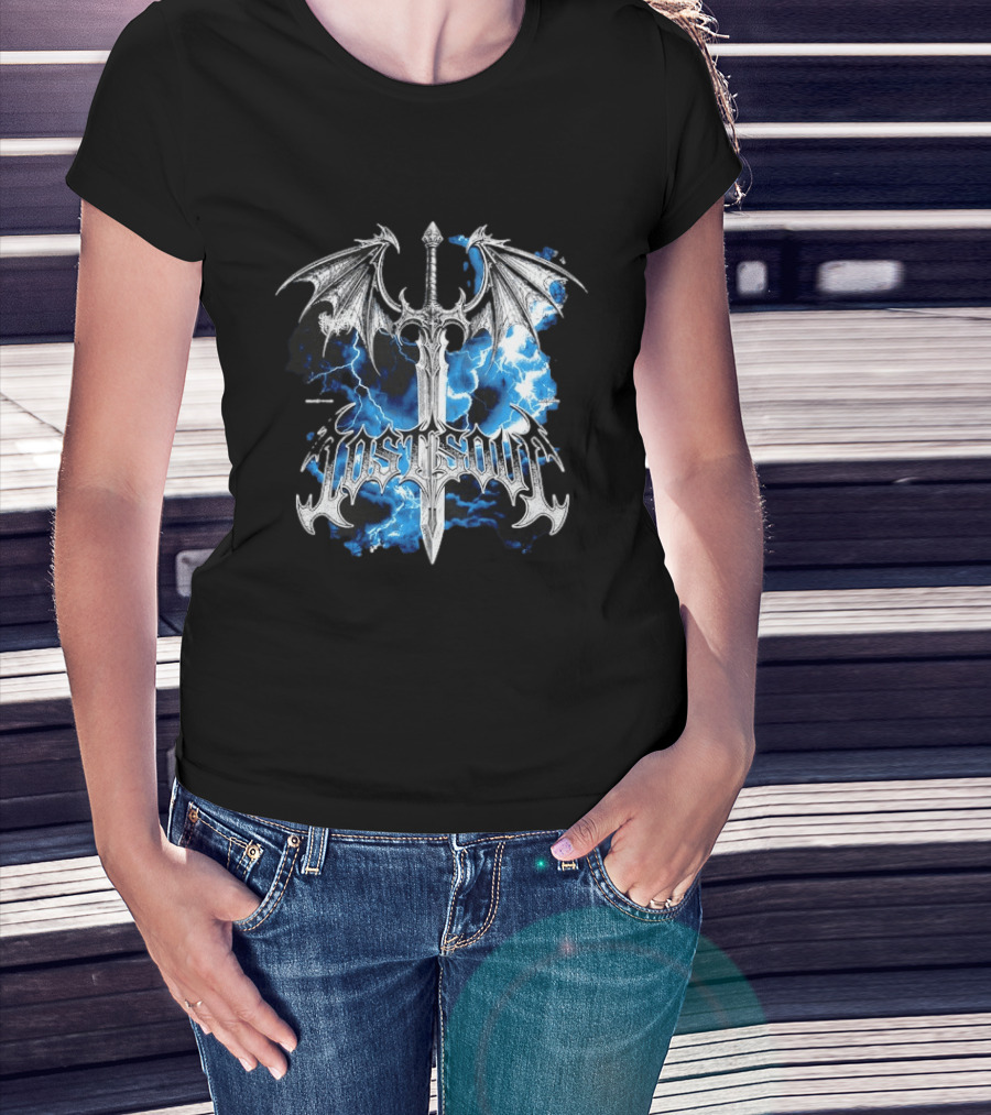 Lost Soul Gothic Sword With Wings And Blue Lightning T-Shirt