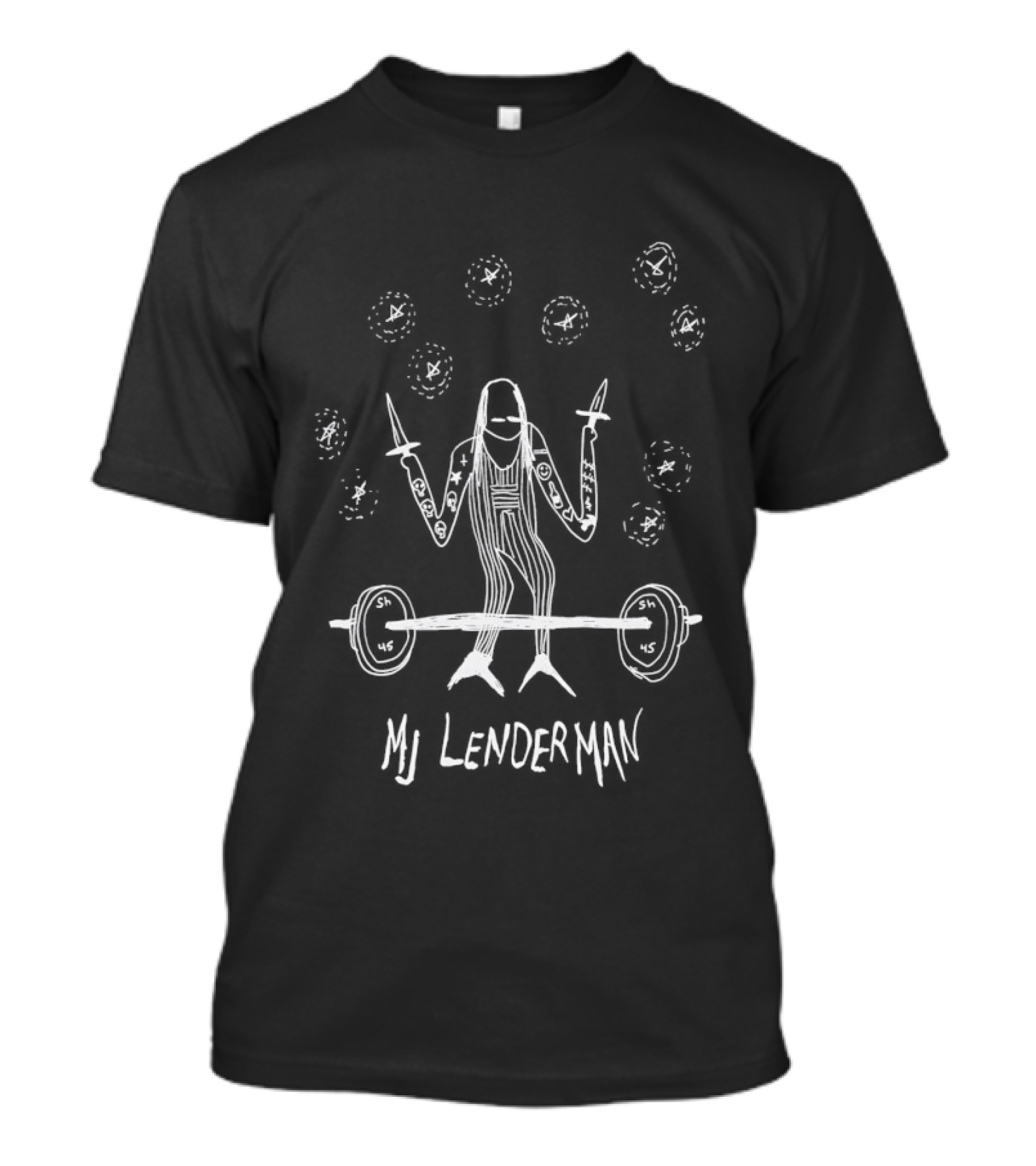 MJ Lenderman Barbell Weightlifting Holding Swords Fun Cartoon T-Shirt
