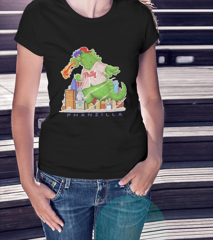 Phillie Phanatic Phanzilla Cityscape Fire Breathing Baseball T-Shirt