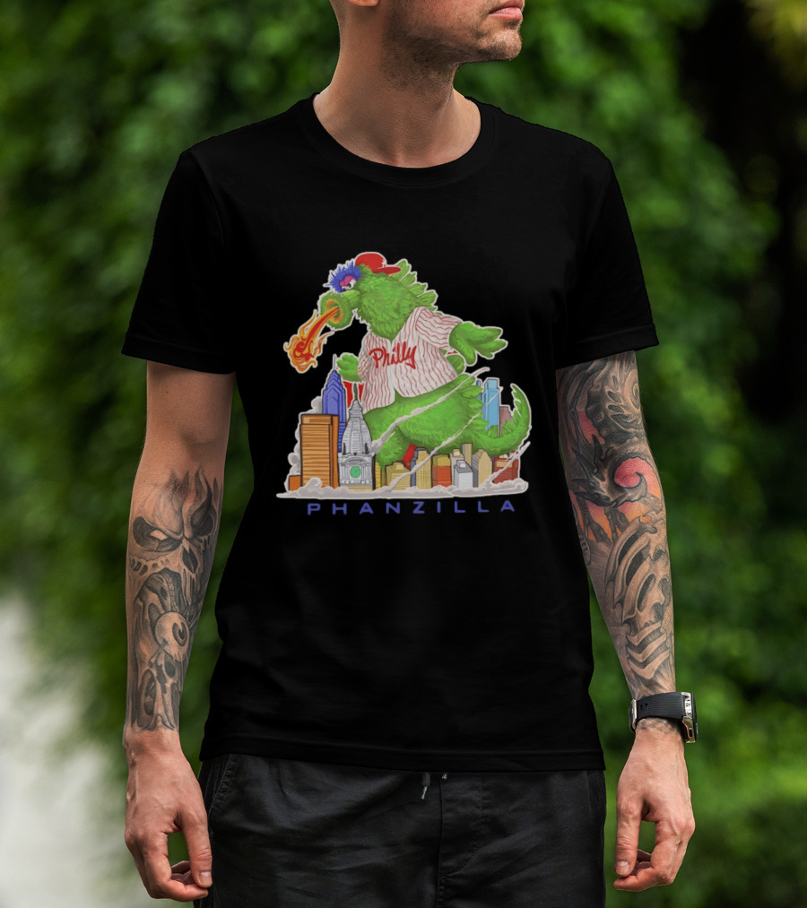 Phillie Phanatic Phanzilla Cityscape Fire Breathing Baseball T-Shirt