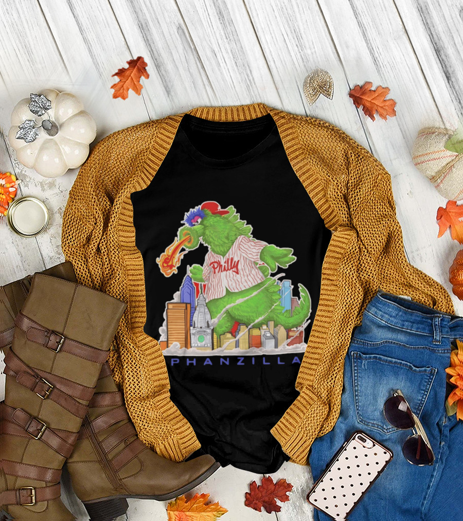 Phillie Phanatic Phanzilla Cityscape Fire Breathing Baseball T-Shirt