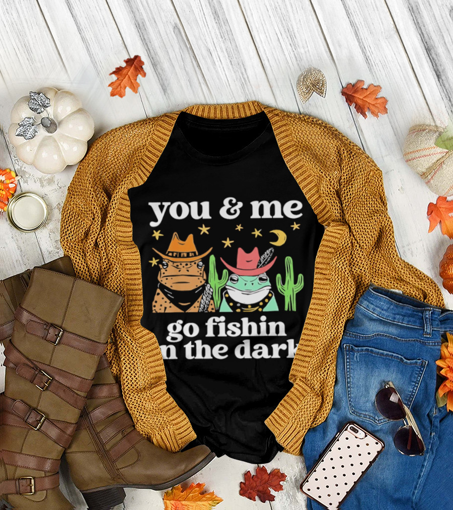 You and Me Go Fishin in the Dark Cowboy Frogs Cactus Moon Stars T-Shirt