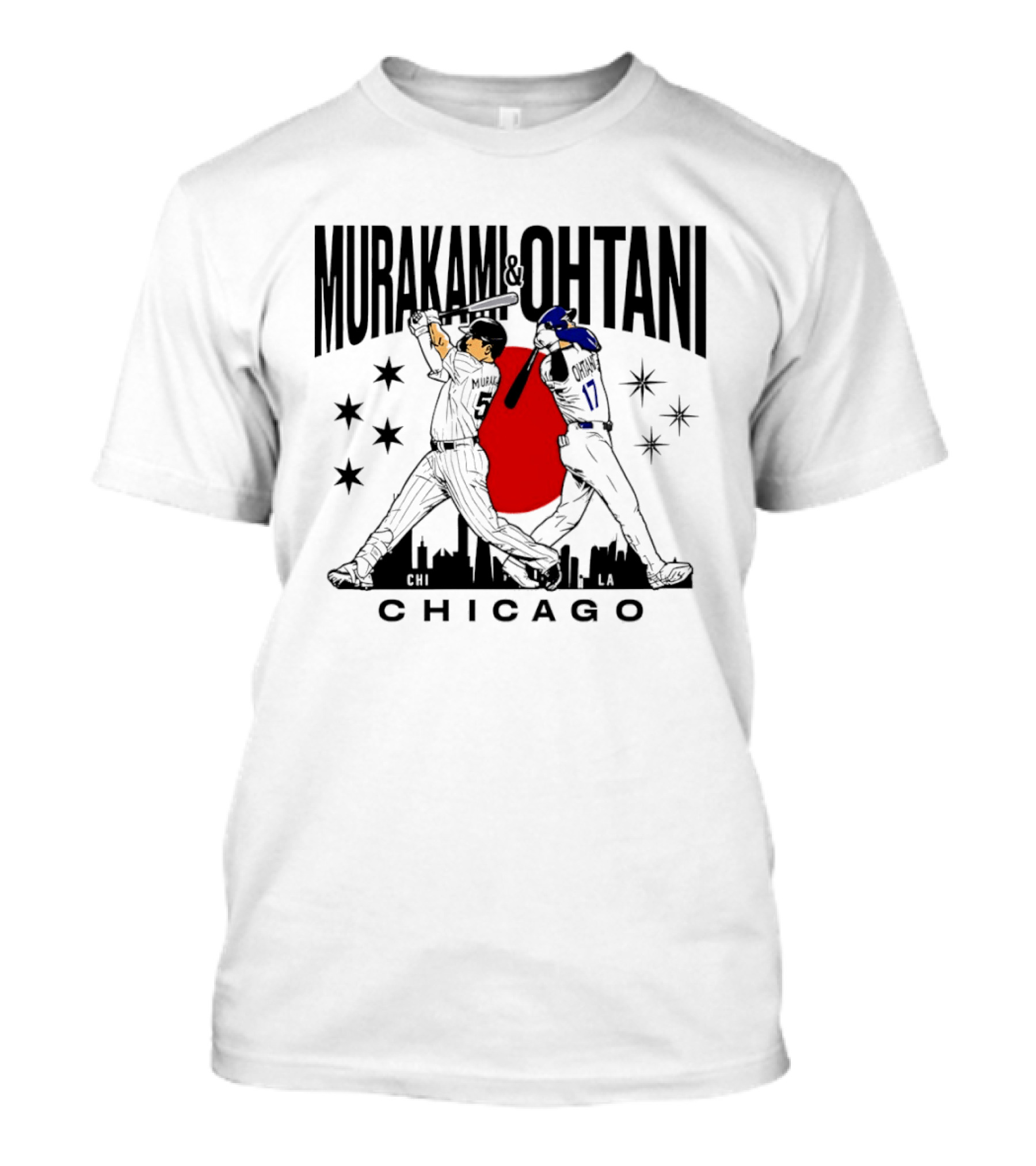 Murakami Ohtani Chicago Baseball Crossed Bats Skyline Stars Red Sun Japan T-Shirt