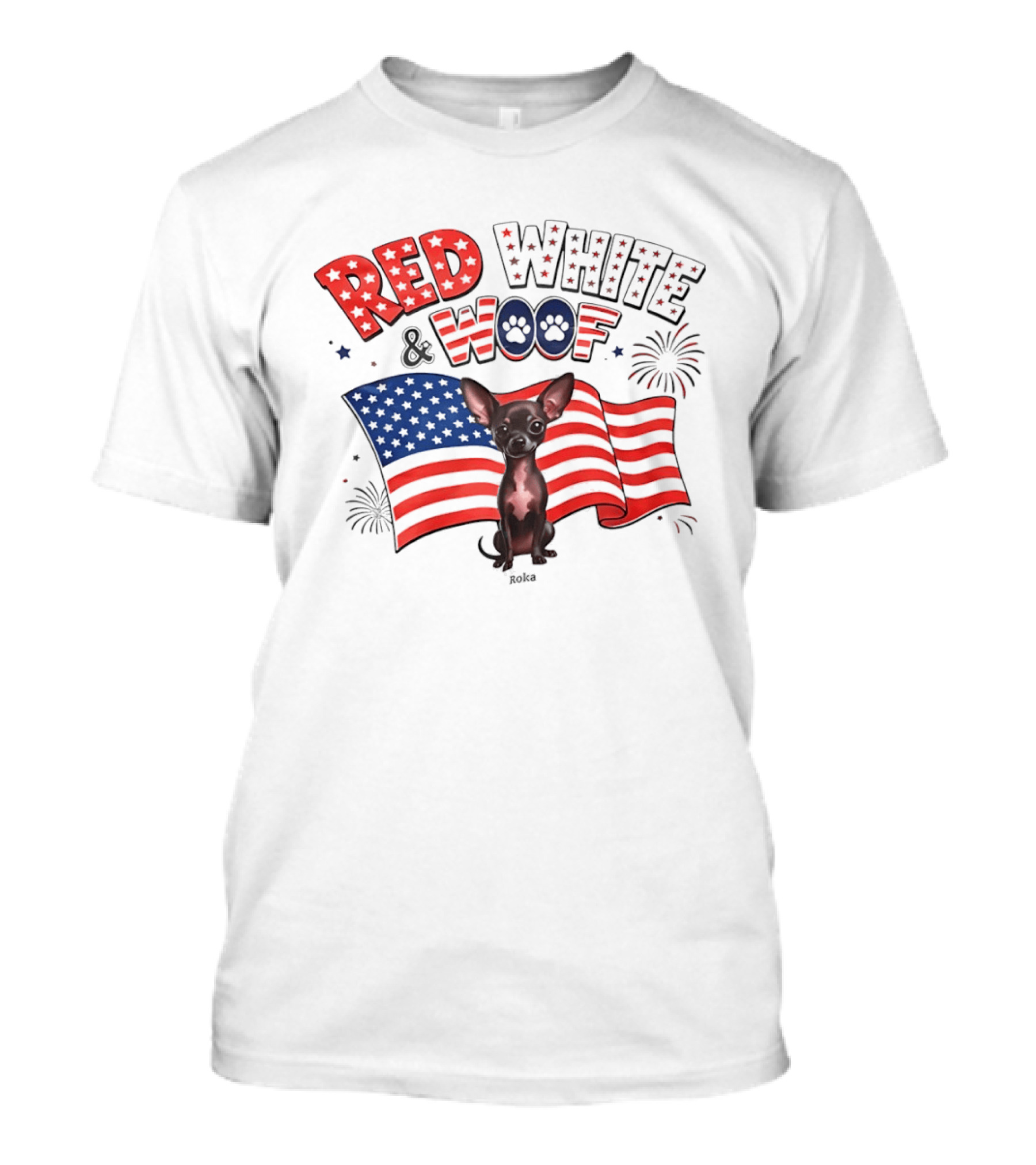 Chihuahua Red White And Woof US Flag Fireworks Celebration T-Shirt
