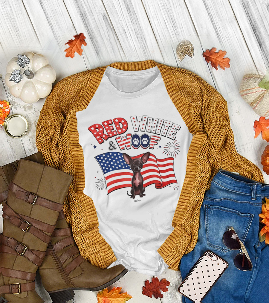 Chihuahua Red White and Woof US Flag Fireworks Celebration T-Shirt
