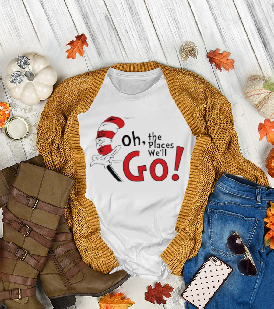 Oh the Places We'll Go Dr. Seuss Cat in the Hat Red Striped Hat Hand T-Shirt