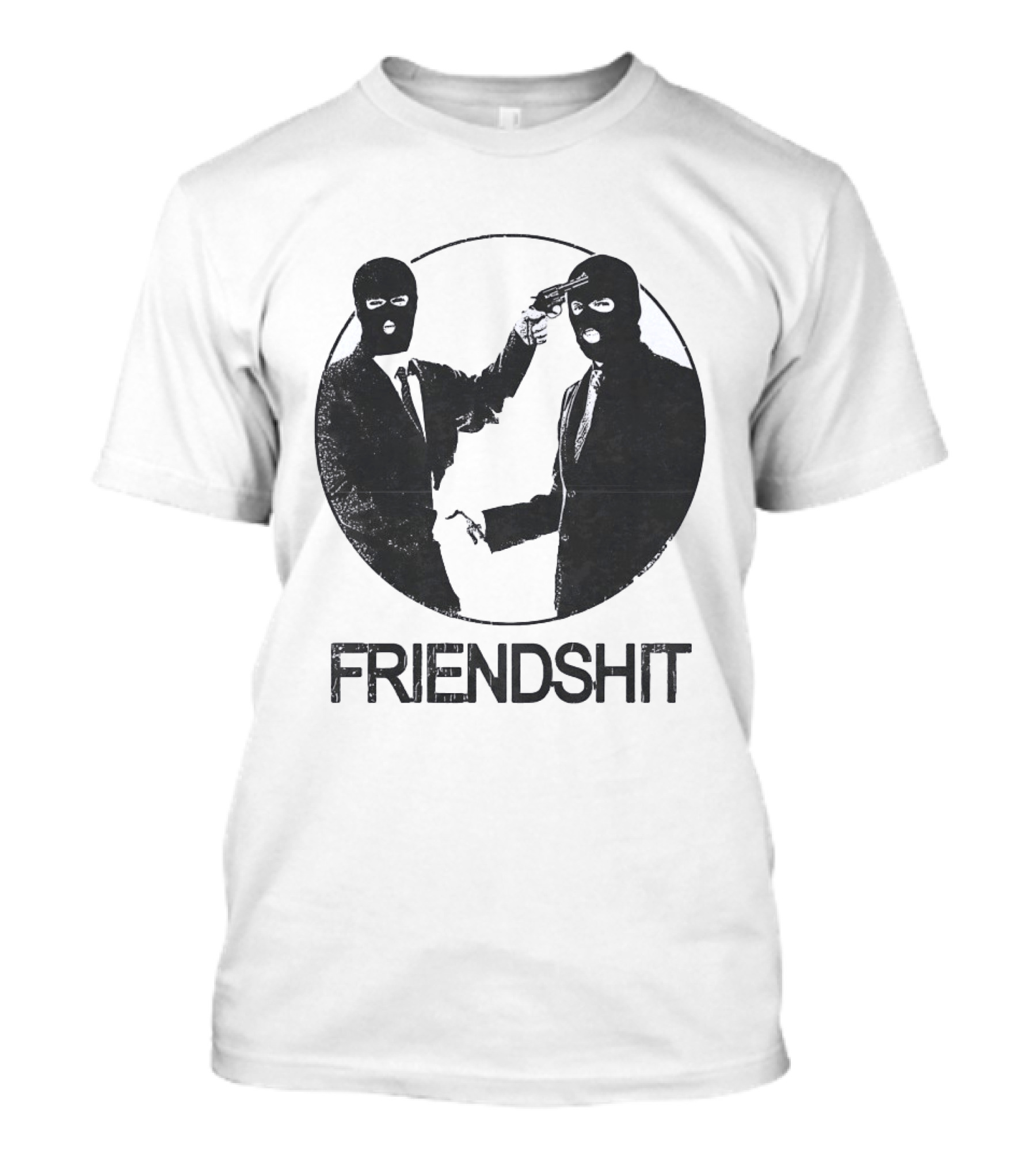 FRIENDSHIT Ski Mask Men Handshaking Gun Gesture T-Shirt