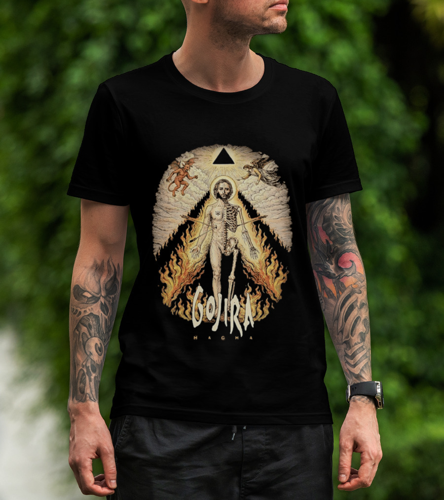 Gojira Magma Half Skeleton Half Human Devil Angel Flames Pyramid T-Shirt