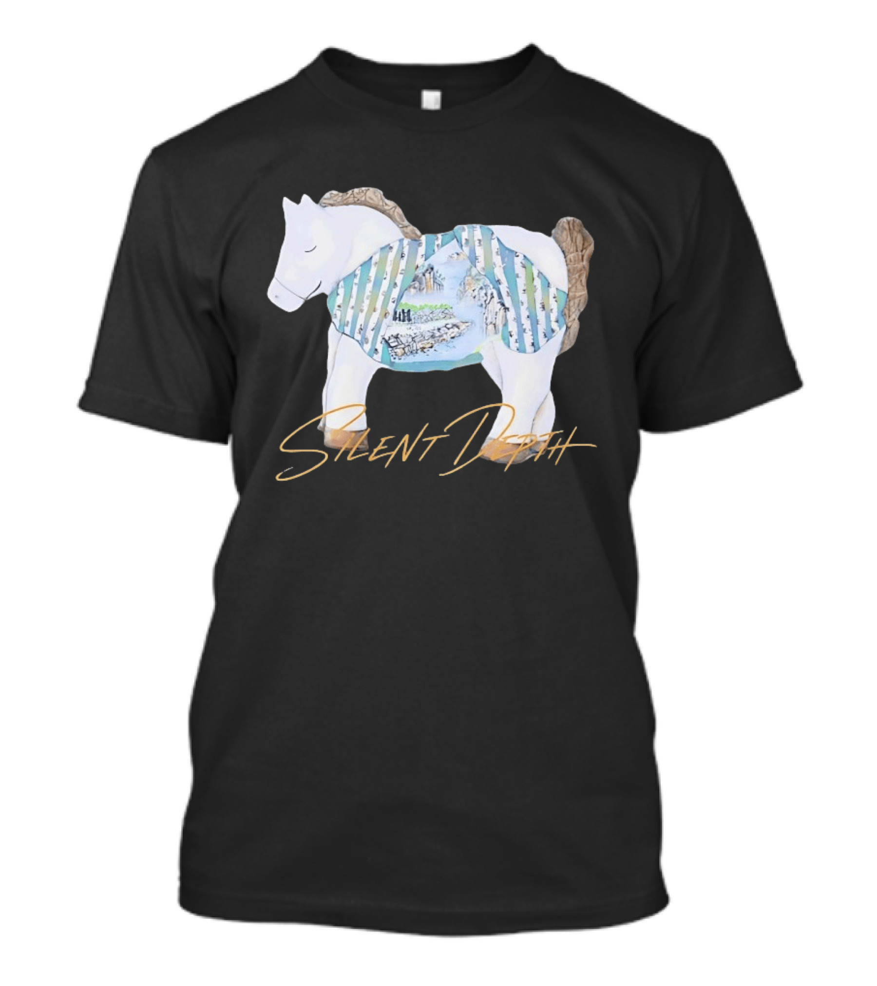 Silent Depth Horse Mountain Landscape Painted Body T-Shirt