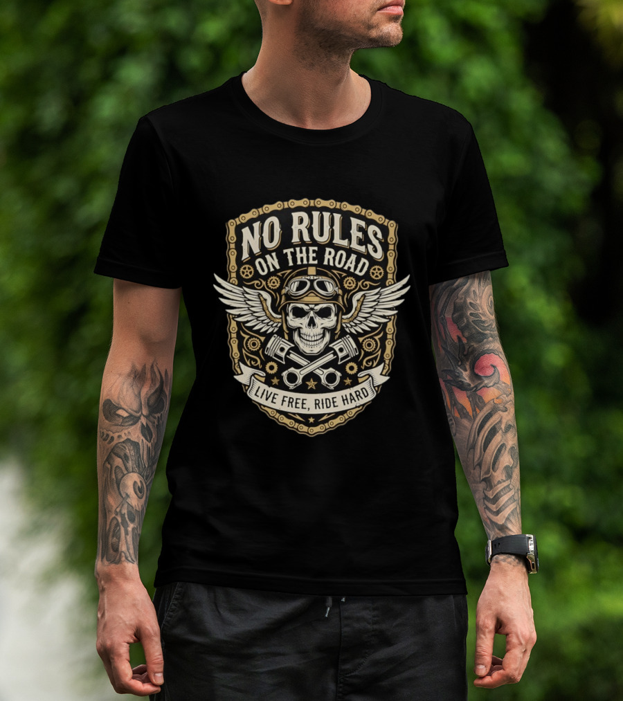 No Rules On The Road Live Free Ride Hard Skull Wings Goggles T-Shirt