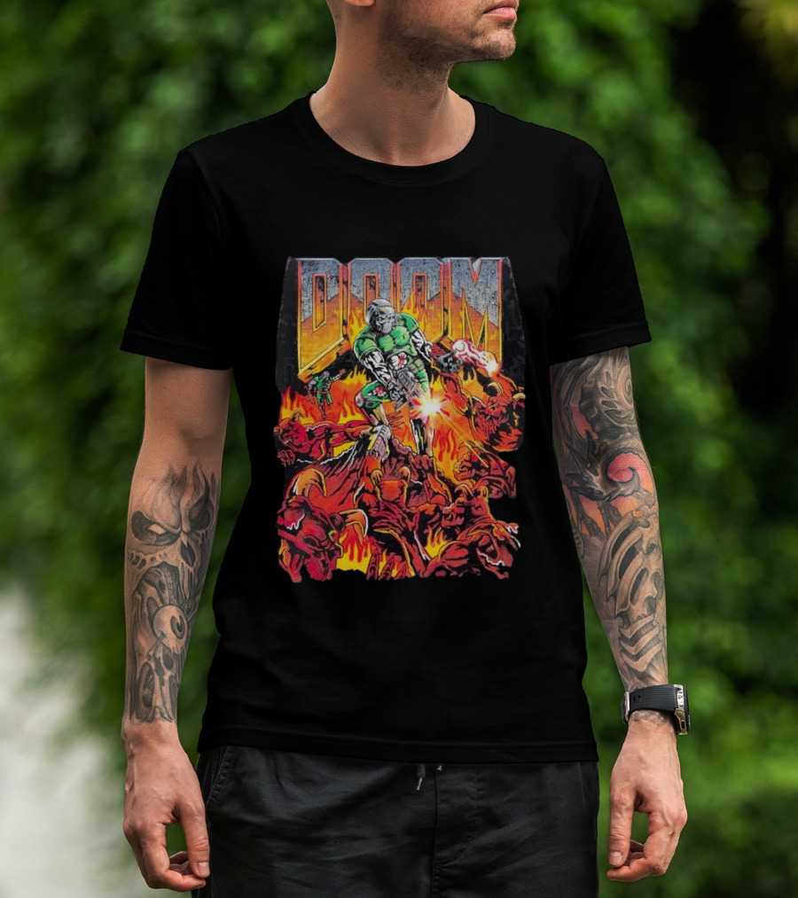 Doom Marine Warren Lotas Retro Video Game Demon Slayer Action Scene T-Shirt