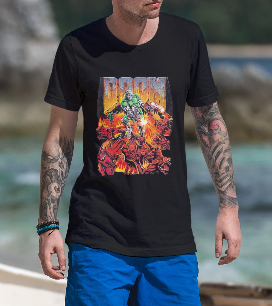 Doom Marine Warren Lotas Retro Video Game Demon Slayer Action Scene T-Shirt