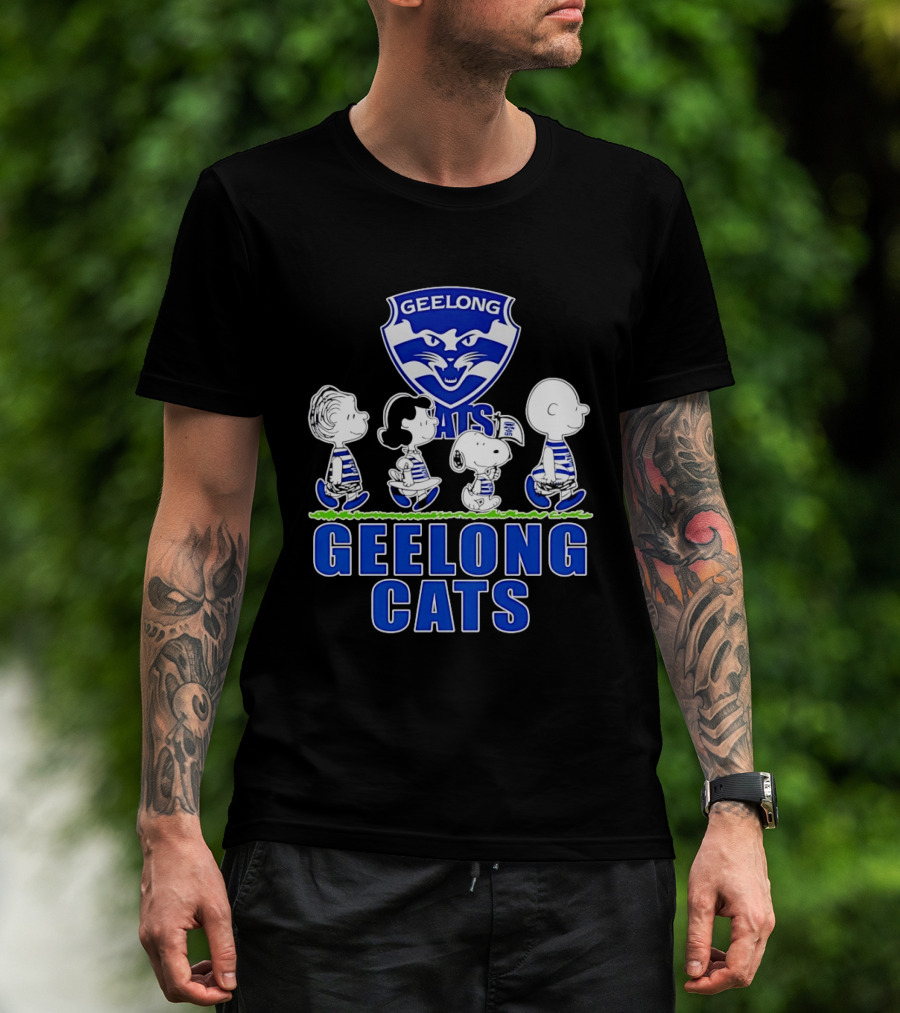 Peanuts Snoopy Charlie Brown Lucy Schroeder Geelong Cats AFL Fan T-Shirt