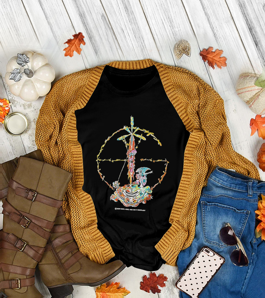 Psychedelic Skeleton Cross Barbed Wire Flowers T-Shirt