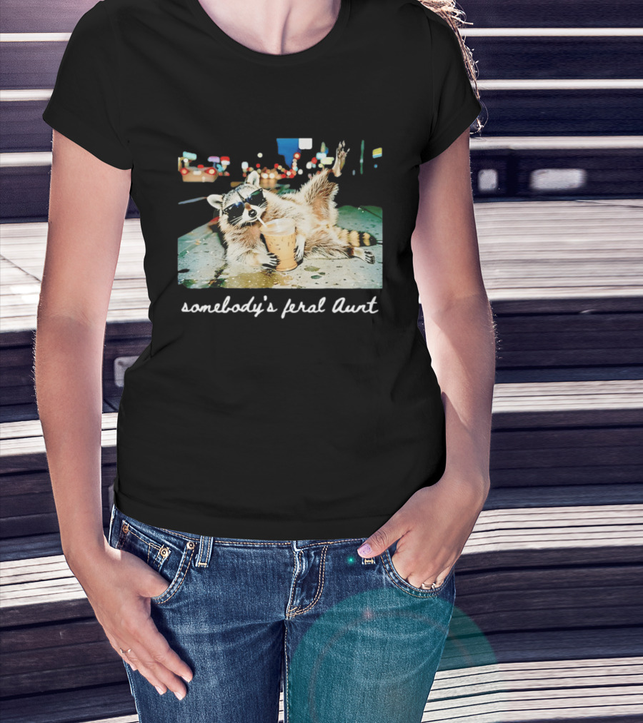 Somebody's Feral Aunt Raccoon Drinking Iced Coffee T-Shirt