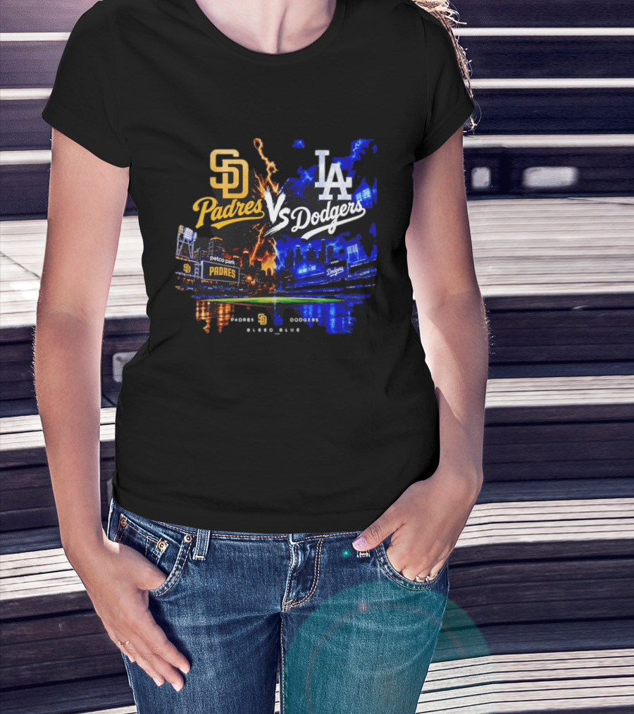 San Diego Padres Vs Los Angeles Dodgers Bleed Blue Petco Park Stadium Lightning T-Shirt