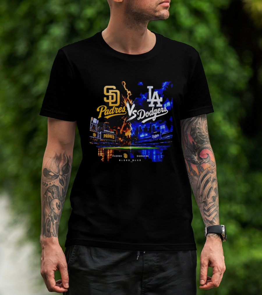 San Diego Padres Vs Los Angeles Dodgers Bleed Blue Petco Park Stadium Lightning T-Shirt