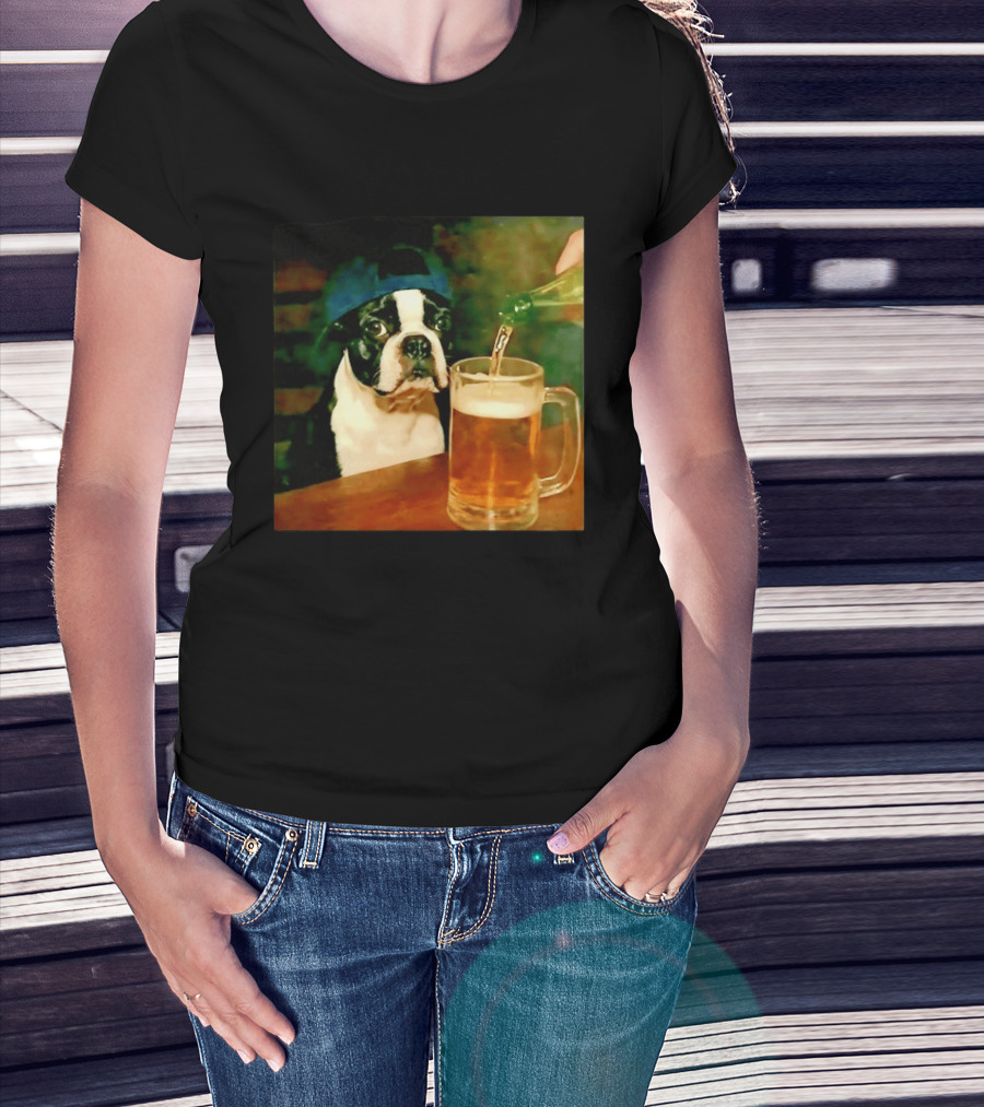 Boston Terrier Baseball Cap Drinking Beer T-Shirt