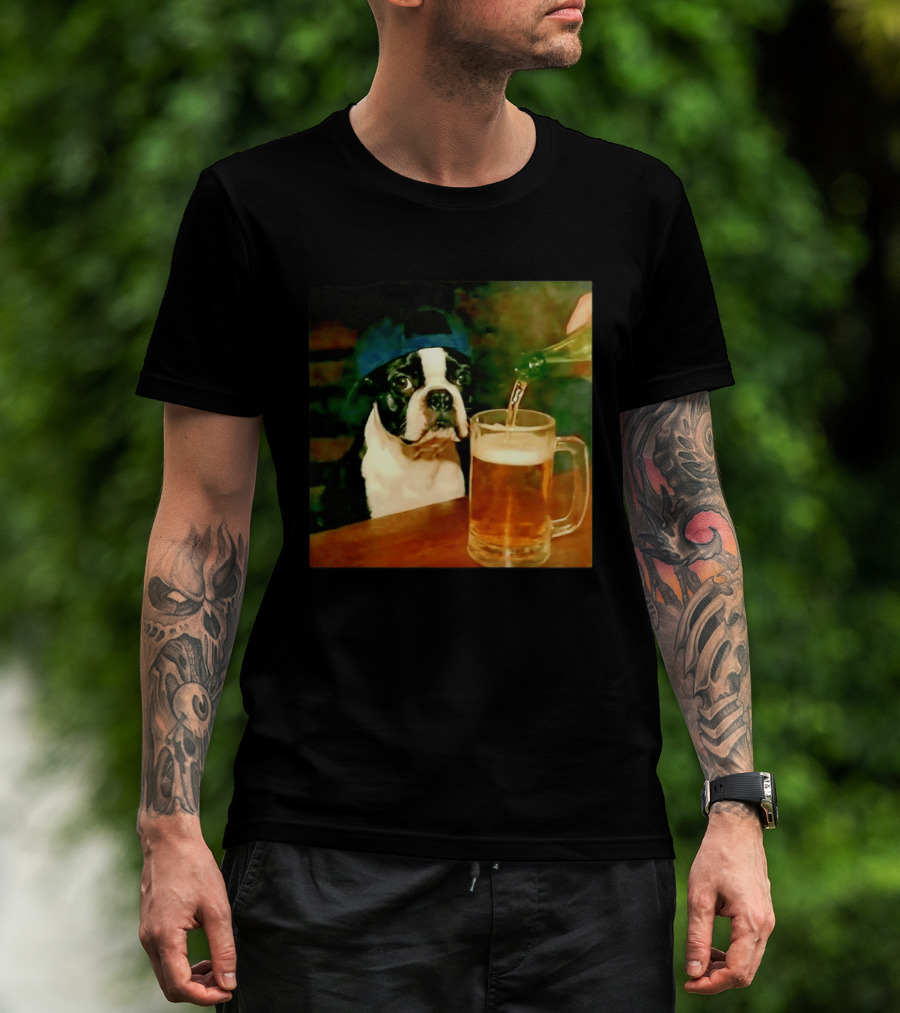 Boston Terrier Baseball Cap Drinking Beer T-Shirt