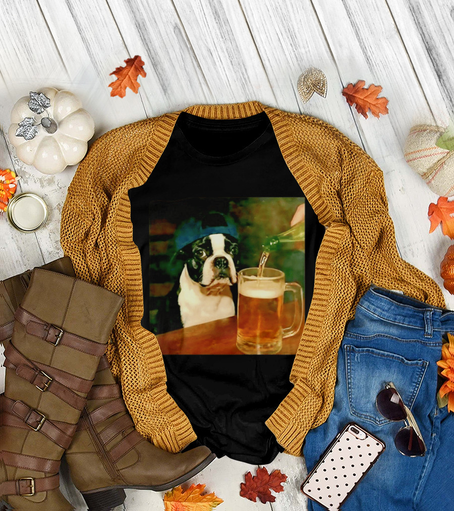 Boston Terrier Baseball Cap Drinking Beer T-Shirt