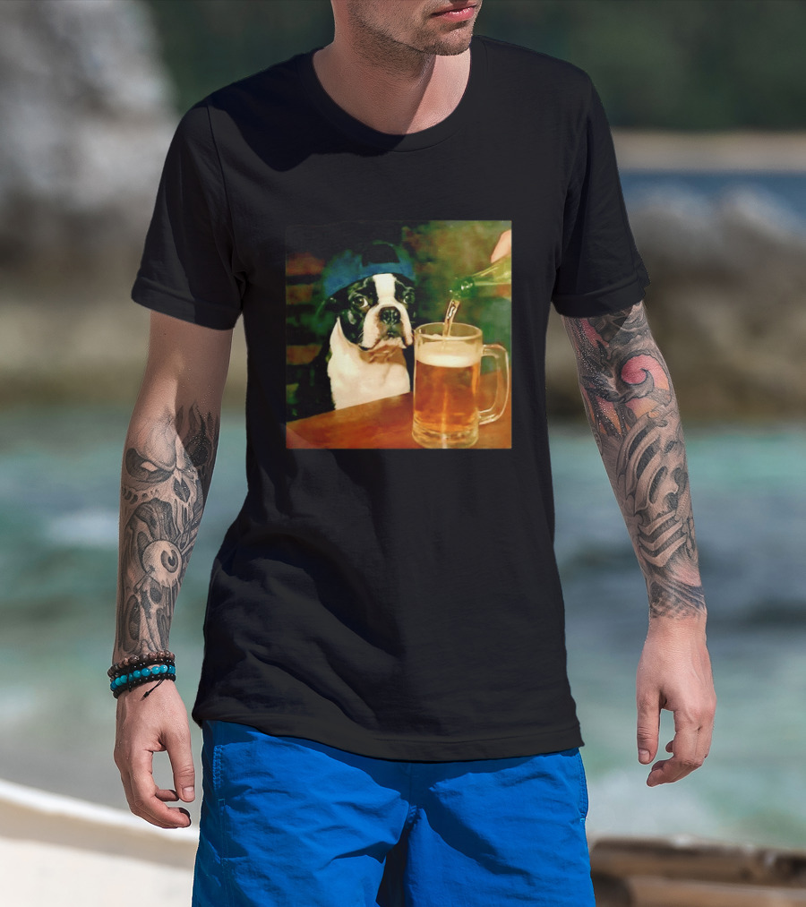 Boston Terrier Baseball Cap Drinking Beer T-Shirt