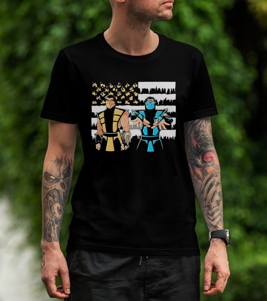 Mortal Kombat Scorpion Sub Zero Fire Ice American Flag T-Shirt