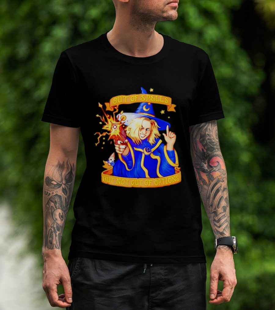 Greg The Sorcerer Out Of Spells Not Out Of Options Enchanting Wizard With Wand And Magic Aura T-Shirt