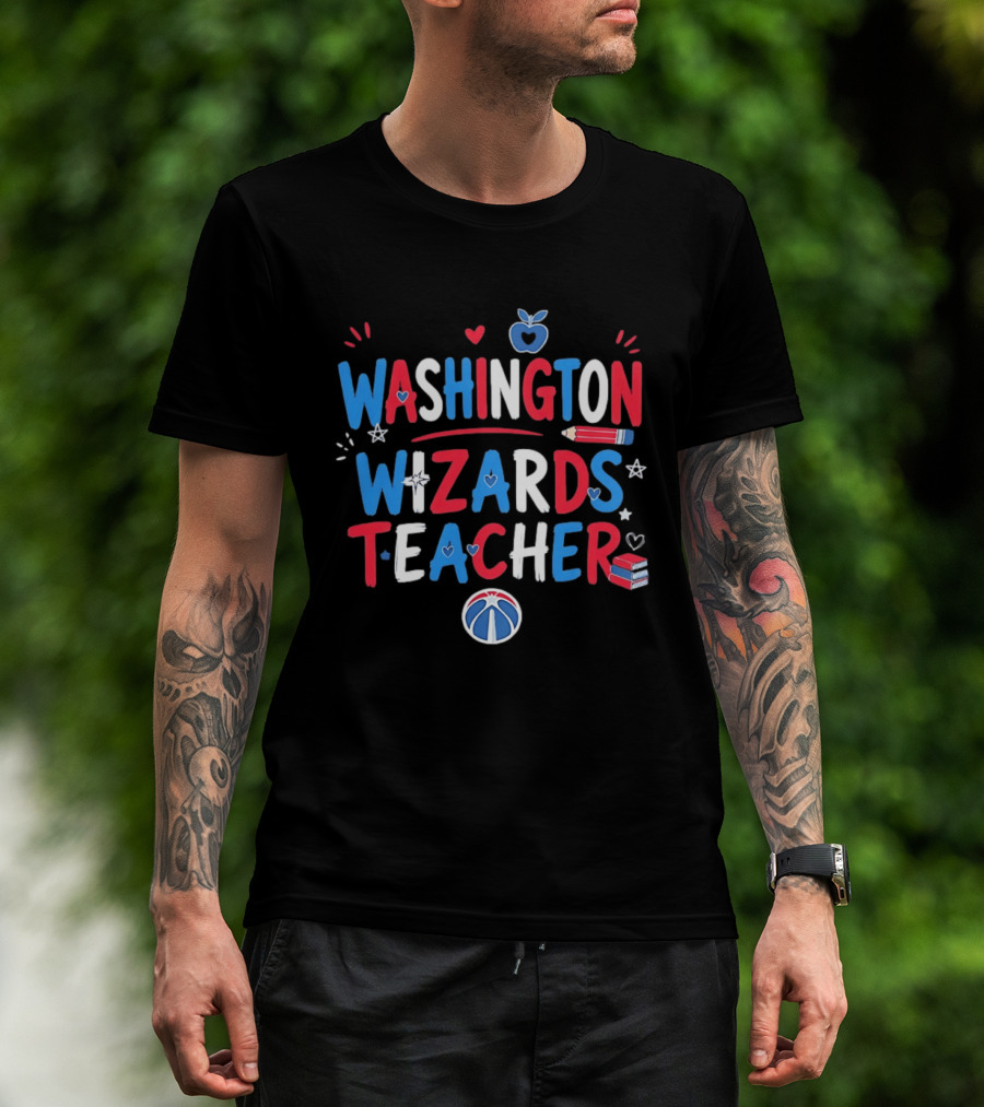 Washington Wizards Teacher Apple Pencil Heart Basketball T-Shirt