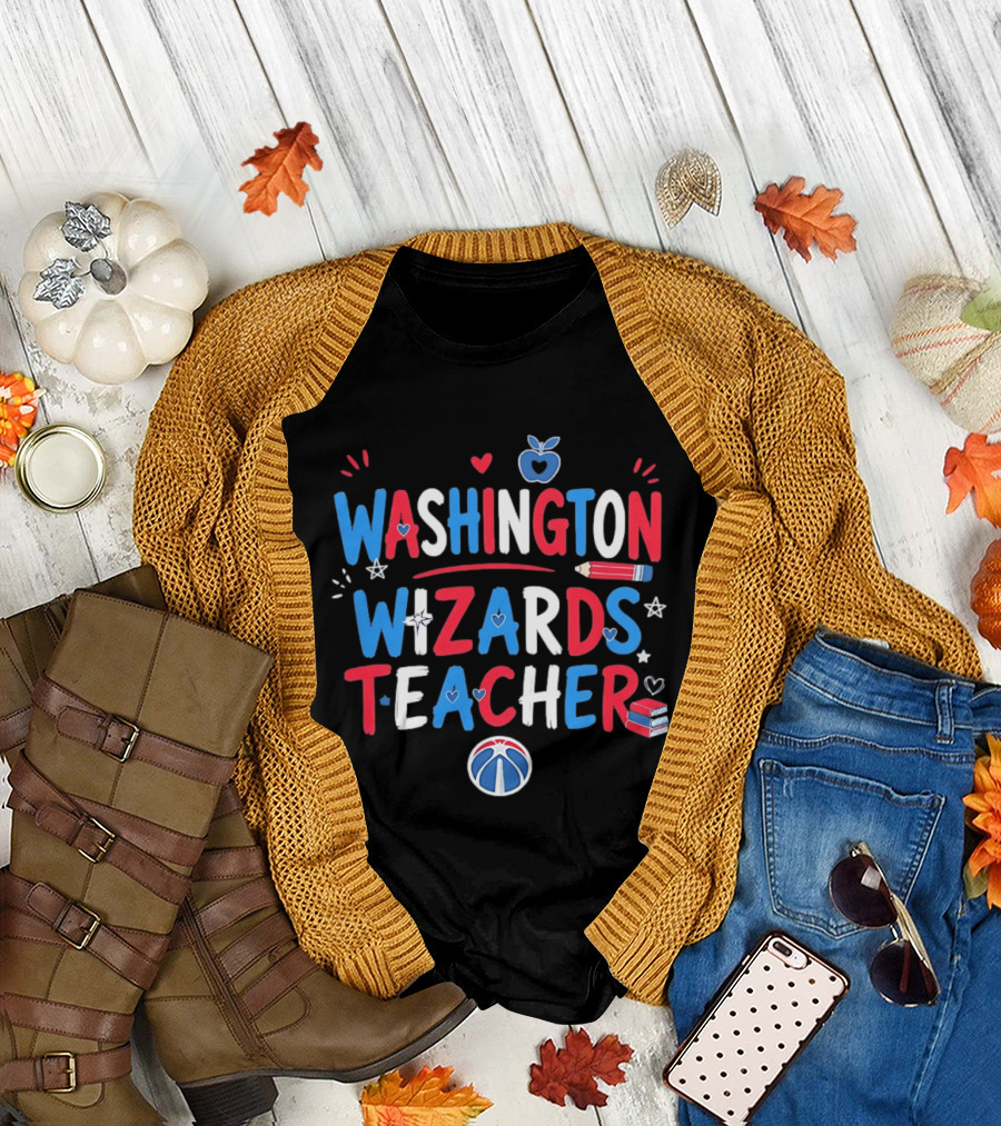 Washington Wizards Teacher Apple Pencil Heart Basketball T-Shirt
