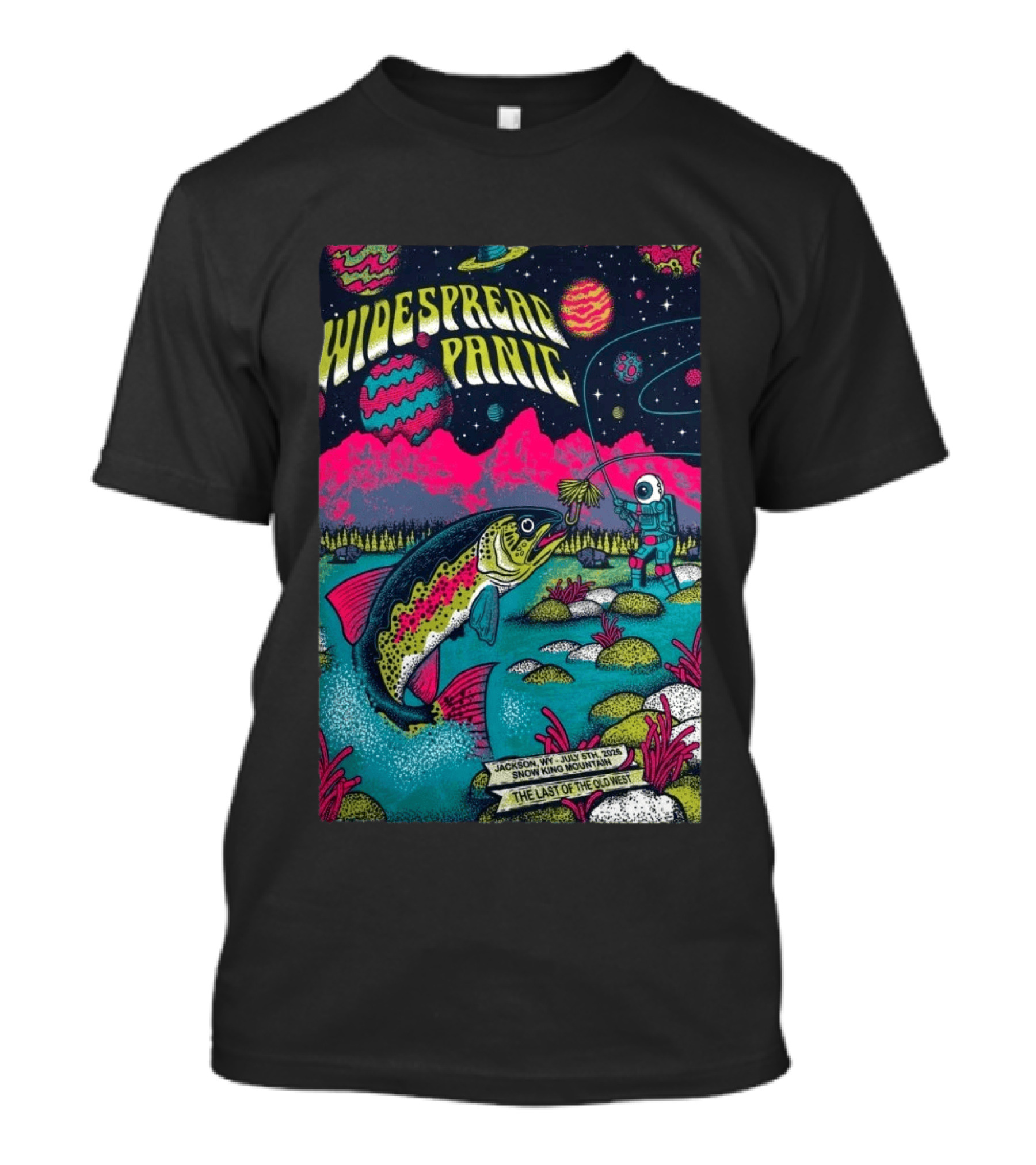 Widespread Panic Jul 5 2026 Snow King Mountain Jackson WY Cosmic Fishing Astronaut And Giant Fish Fantasy Scene T-Shirt