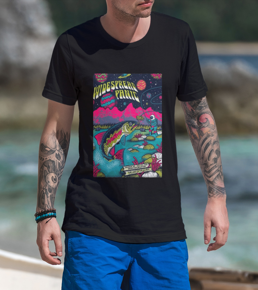 Widespread Panic Jul 5 2026 Snow King Mountain Jackson WY Cosmic Fishing Astronaut And Giant Fish Fantasy Scene T-Shirt