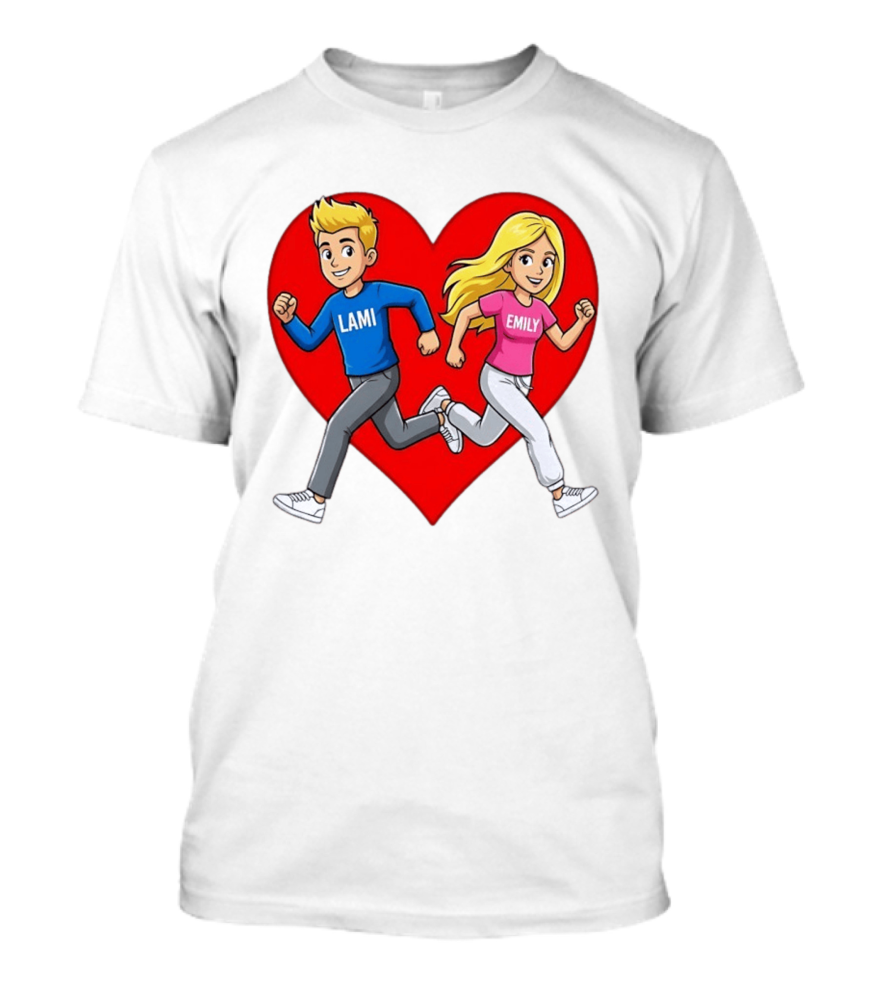 Lami And Emily Cartoon Couple Running With Heart T-Shirt