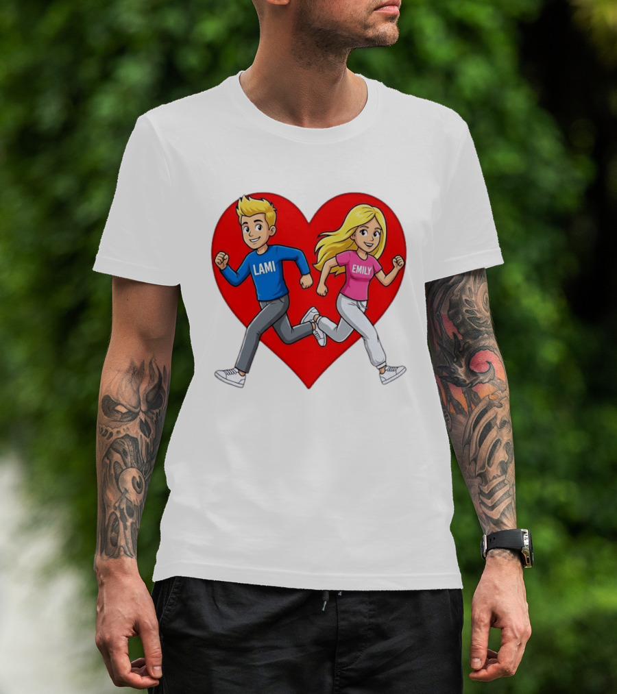 Lami And Emily Cartoon Couple Running With Heart T-Shirt