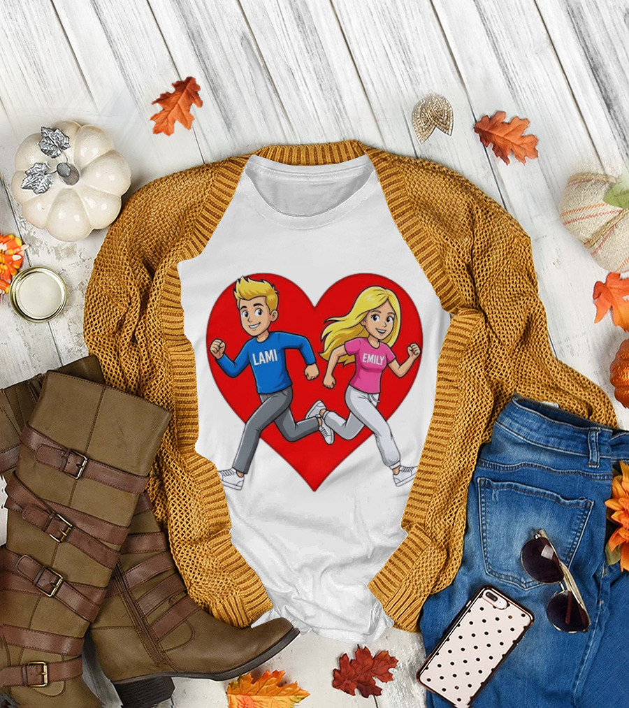 Lami and Emily Cartoon Couple Running with Heart T-Shirt
