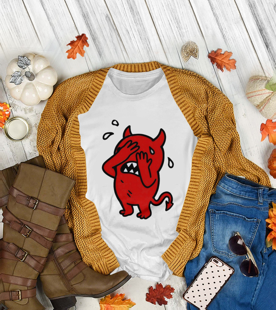 Devil Cartoon Facepalm Panicking Sweating Emoji T-Shirt