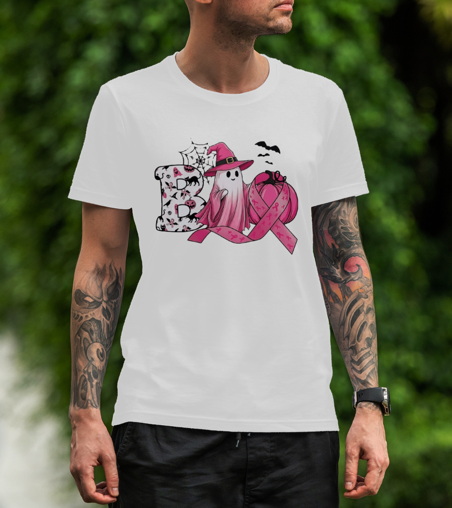 Boo Ghost Witch Pink Breast Cancer Ribbon Halloween Pumpkin T-Shirt