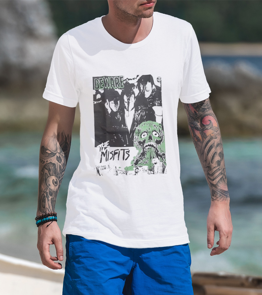 Beware The Misfits Horror Punk Band Skull Green T-Shirt