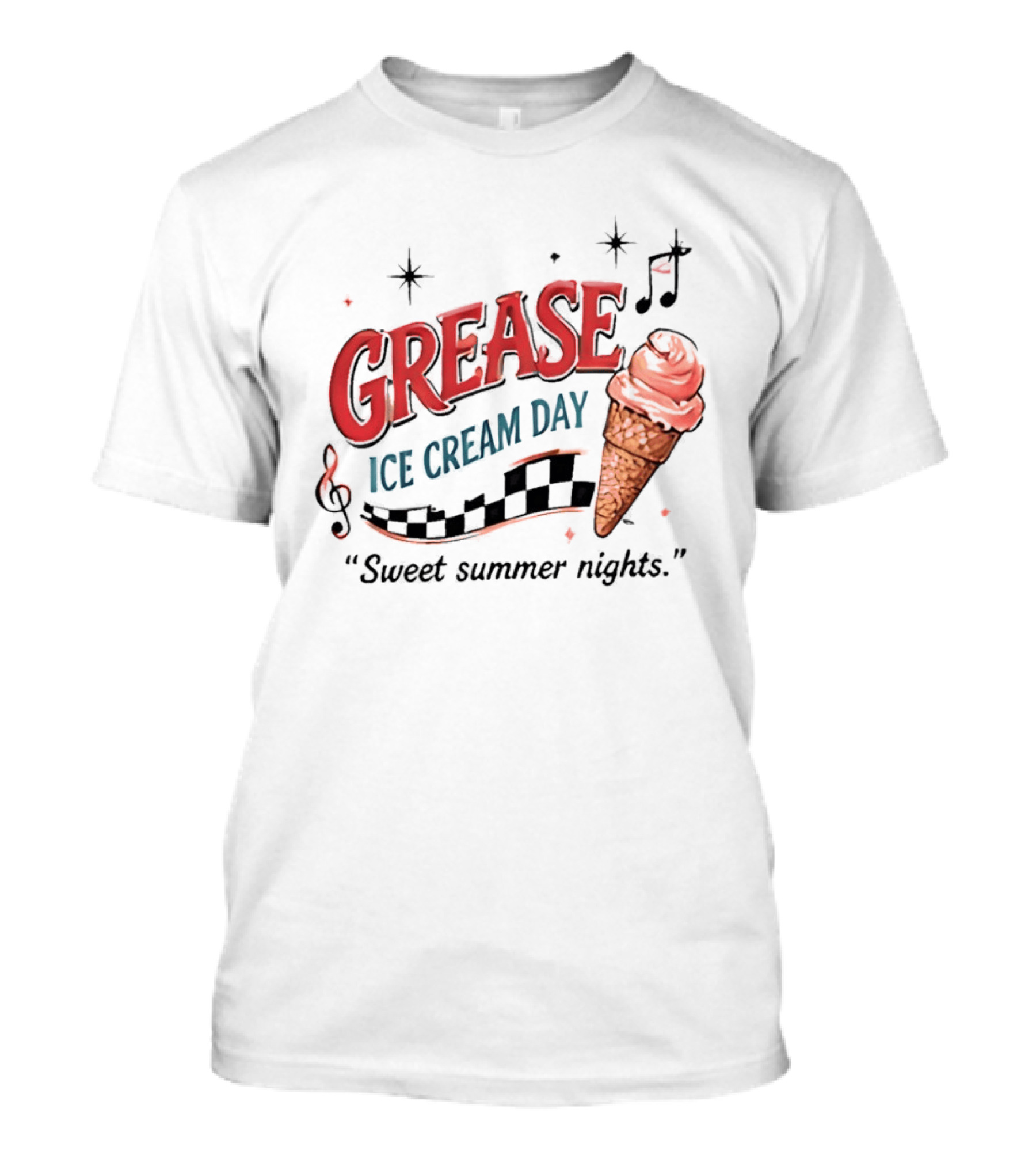 Grease Ice Cream Day Sweet Summer Nights Ice Cream Cone Music Notes Stars T-Shirt