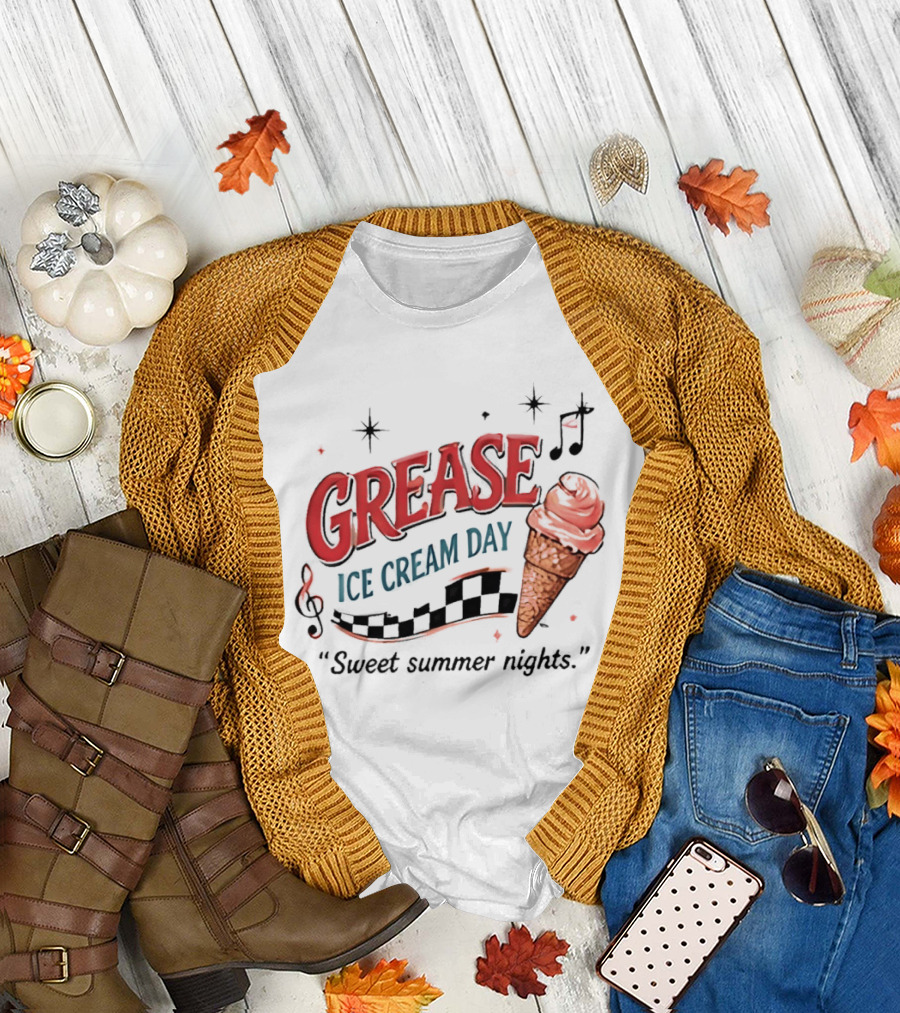 Grease Ice Cream Day Sweet Summer Nights Ice Cream Cone Music Notes Stars T-Shirt