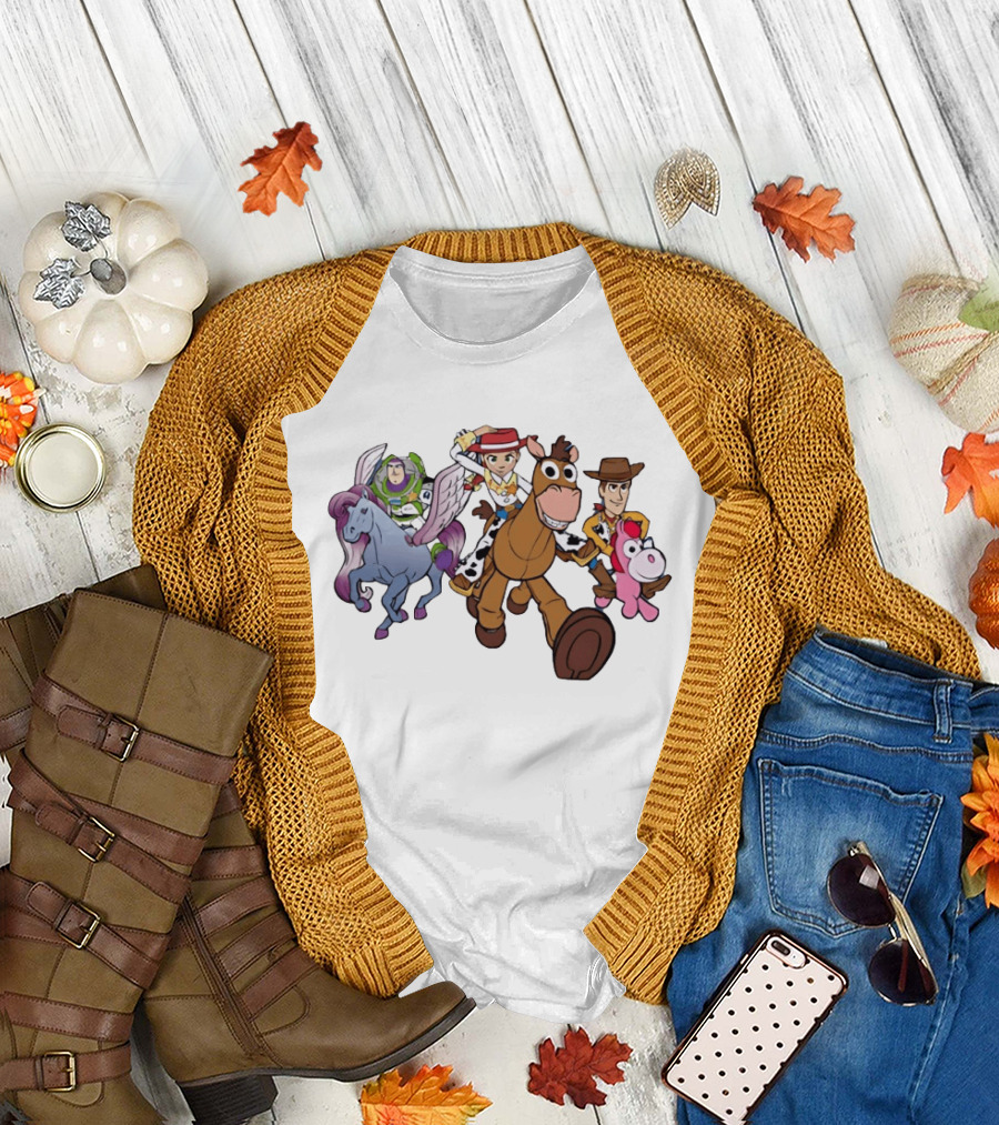 Buzz Lightyear Jessie Bullseye Woody and Buttercup Unicorn Toy Story Characters Running T-Shirt