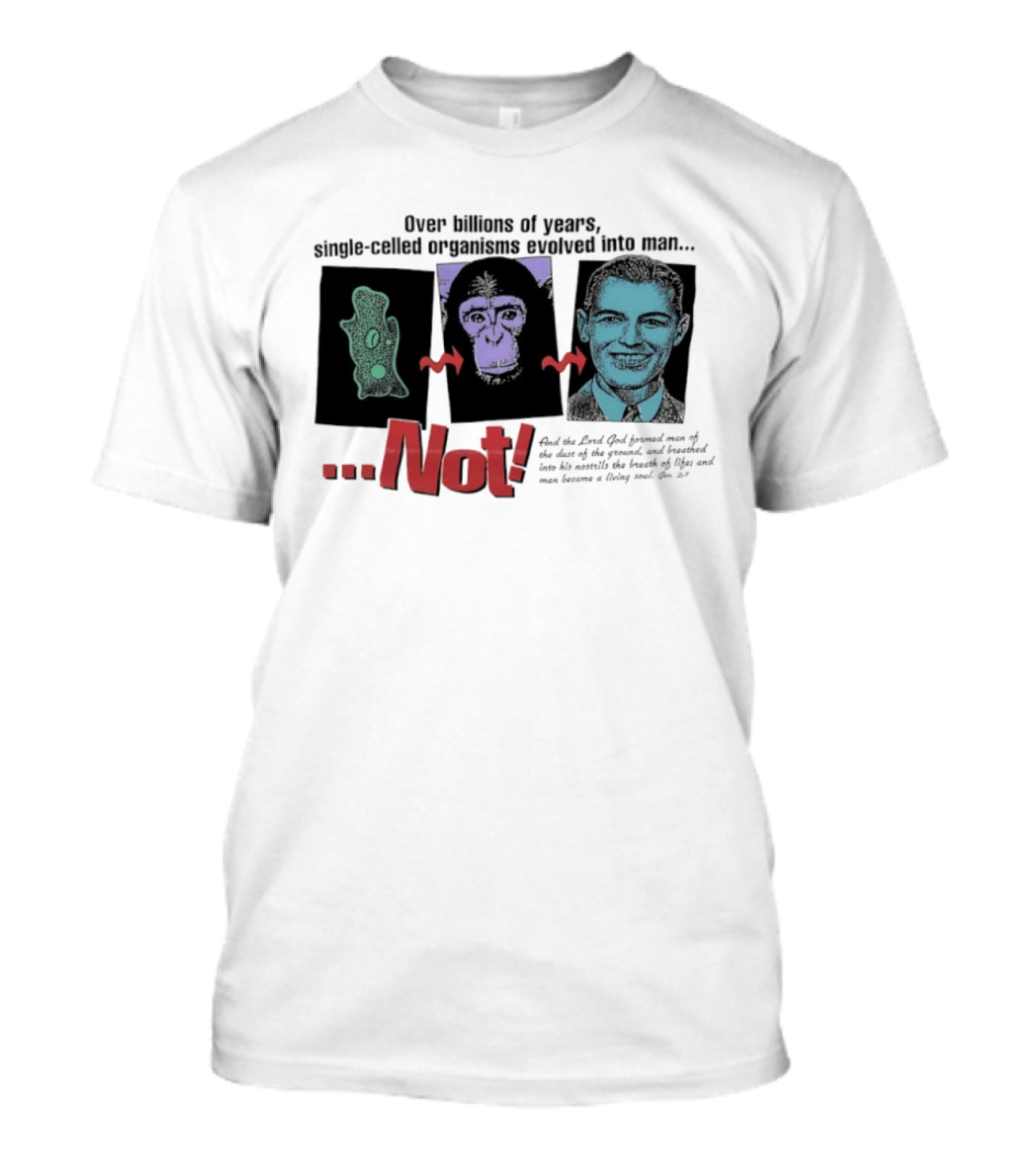 Over Billions Of Years Single Celled Organisms Evolved Into Man Not Real God Creator Designer T-Shirt